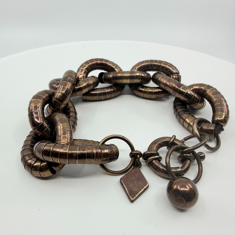 Vintage Sequin Bronze Tone‎ Chunky Wide Link Bracelet Statement Boho Rustic 90s
